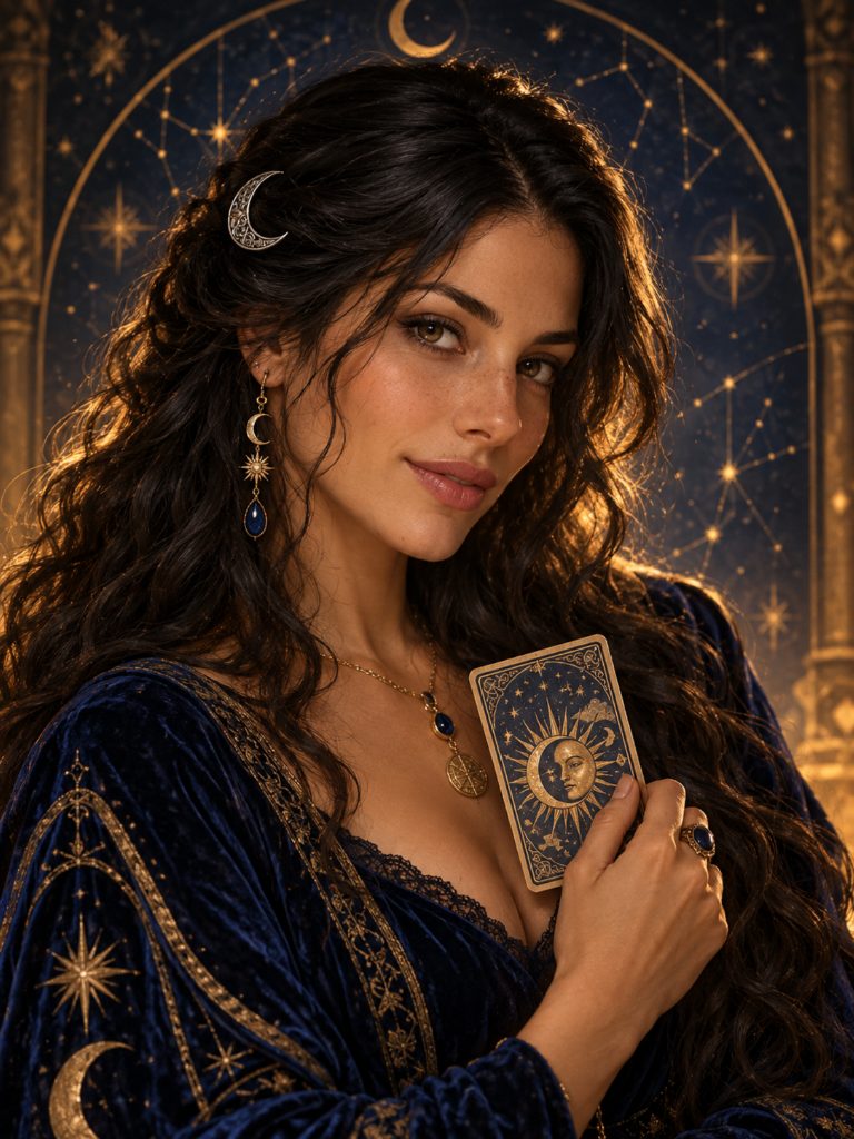 Séléné, la tarologue virtuelle, tenant une carte de tarot